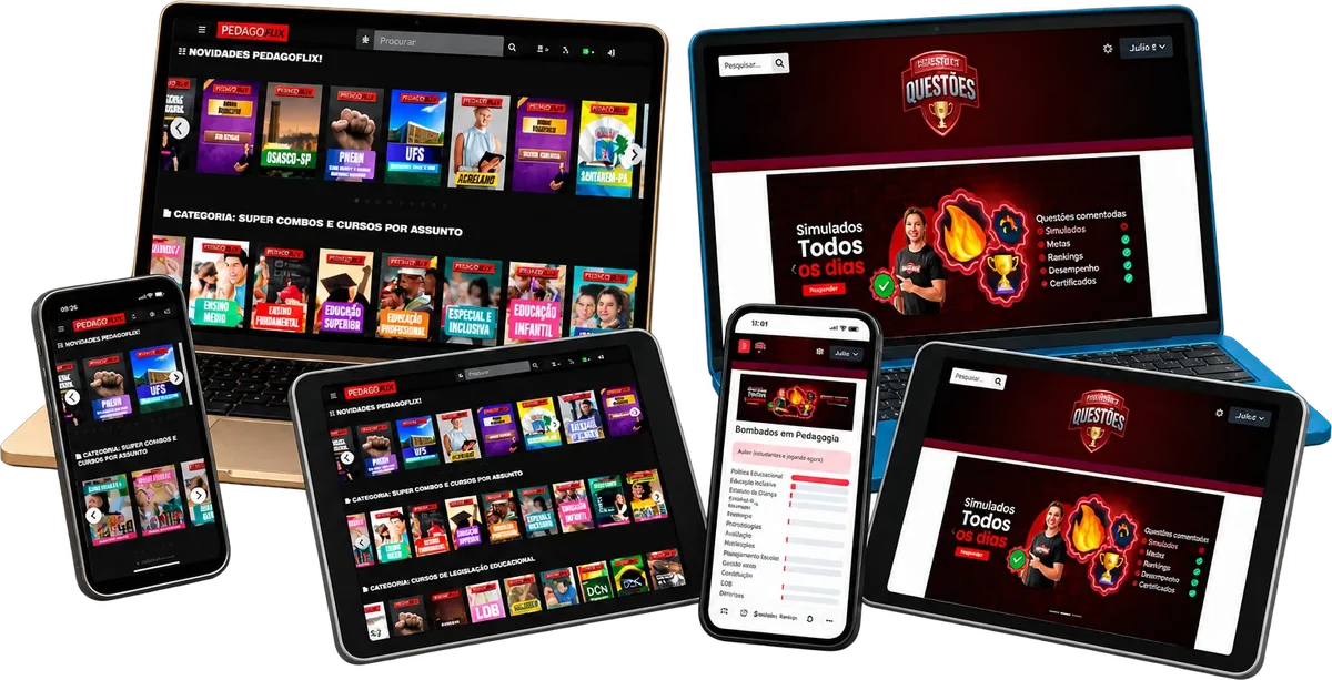 Plataformas de videoaulas e de questões da Pedagoflix no computador, tablet e celular